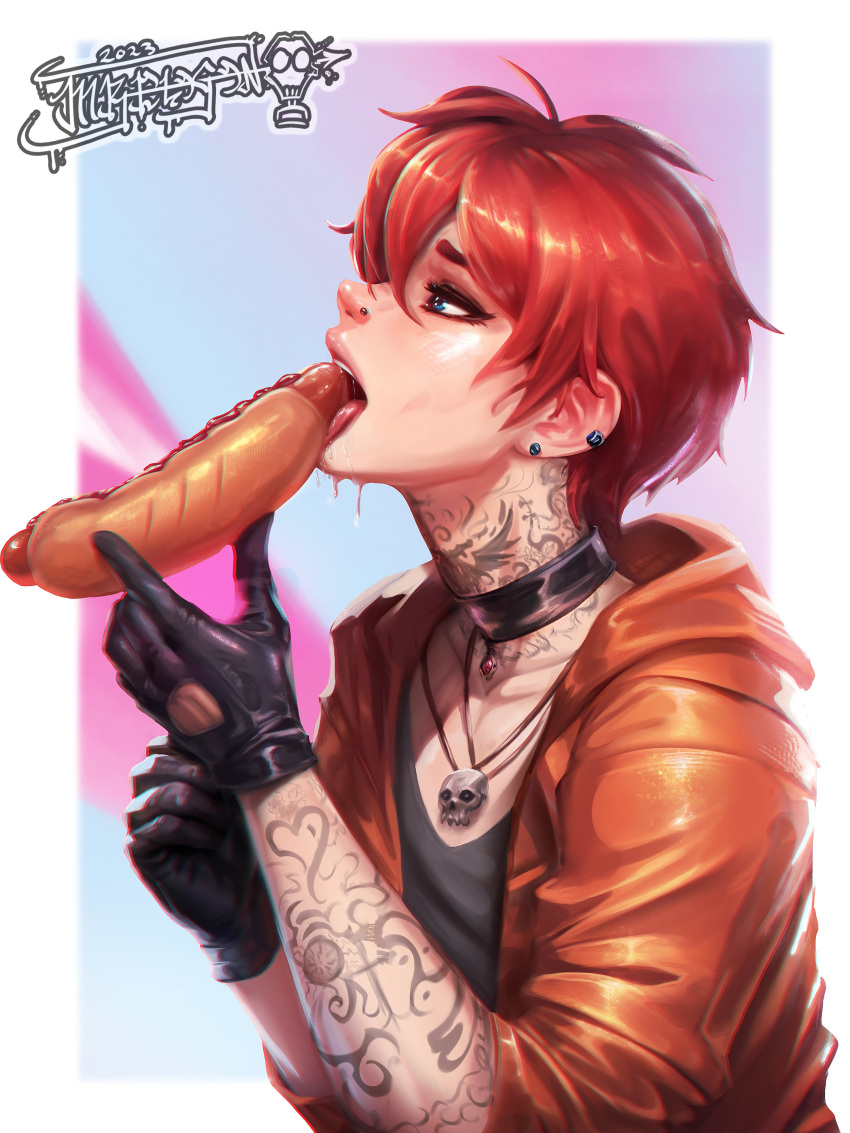 1boy absurdres arm_tattoo bishounen black_eyeliner blue_eyes choker earrings eating gloves highres hood hooded_jacket hot_dog jacket jewelry leather leather_gloves male_focus mrelagan neck_tattoo necklace nose_piercing original pale_skin piercing realistic red_hair tank_top tattoo