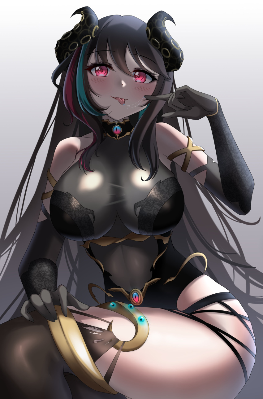 1girl :p absurdres bare_shoulders black_gloves black_hair black_horns black_leotard blue_hair blush breasts elbow_gloves emma_llama eye_symbol gloves hand_on_own_thigh highres horns indie_virtual_youtuber large_breasts leotard long_hair multicolored_hair pink_eyes pink_hair saliva see-through solo streaked_hair taut_clothes taut_leotard thighhighs thighs tongue tongue_out valella_moon virtual_youtuber