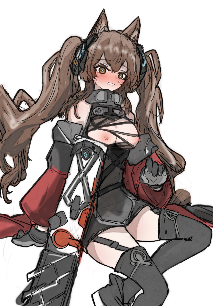 1girl angelina_(endfield)_(arknights) animal_ears arknights arknights:_endfield bare_shoulders black_gloves black_thighhighs blush breasts breasts_out bright_pupils brown_eyes brown_hair dress ewhate=3r feet_out_of_frame fox_ears fox_girl garter_straps gloves grey_dress hair_ornament highres jacket long_hair looking_at_viewer medium_breasts nervous_sweating nipples official_alternate_costume red_jacket simple_background sleeveless sleeveless_dress solo sweat thighhighs torn_clothes torn_dress twintails very_long_hair whate=3r white_background white_pupils