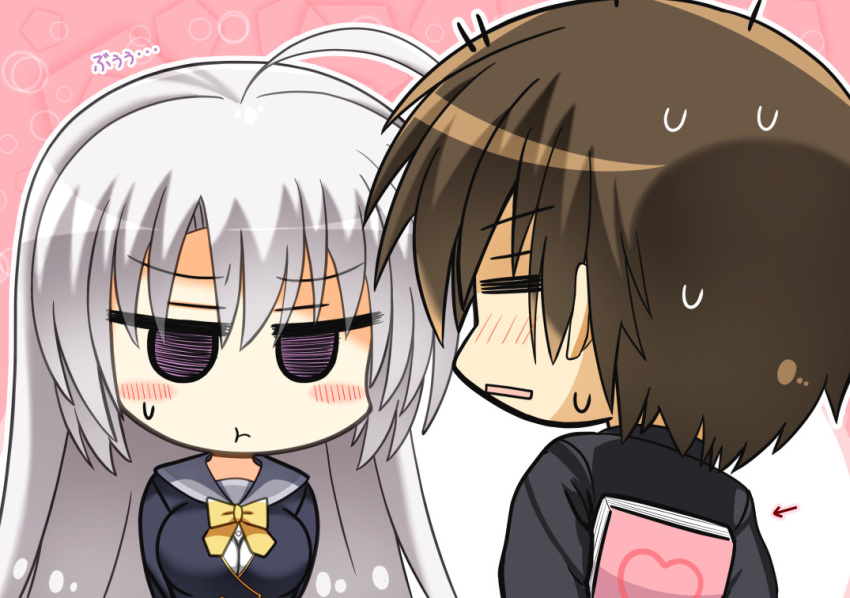 1boy 1girl :t =_= ahoge angry arms_behind_back arrow_(symbol) ayachi_nene black_jacket blush blush_stickers book bow breasts brown_hair chibi closed_eyes closed_mouth commentary couple embarrassed eyes_visible_through_hair grey_hair grey_sailor_collar hair_between_eyes heart hetero holding holding_book hoshina_shuuji jacket jitome large_breasts long_hair long_sleeves looking_at_another nervous_sweating open_mouth pink_background plumtea_an pout purple_eyes sailor_collar sanoba_witch school_uniform short_hair simple_background straight_hair sweat sweatdrop translated two-tone_background upper_body v-shaped_eyebrows very_long_hair white_background yellow_bow