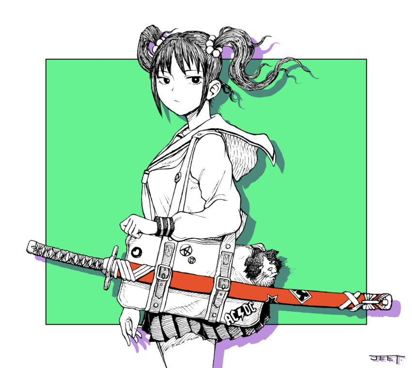 1girl bag black_skirt border cat cowboy_shot expressionless flat_color green_background hair_bobbles hair_ornament handbag holding holding_bag hood hooded_jacket jacket jeet katana looking_at_viewer medium_hair original outside_border pleated_skirt sheath signature simple_background skirt solo sword twintails weapon white_border