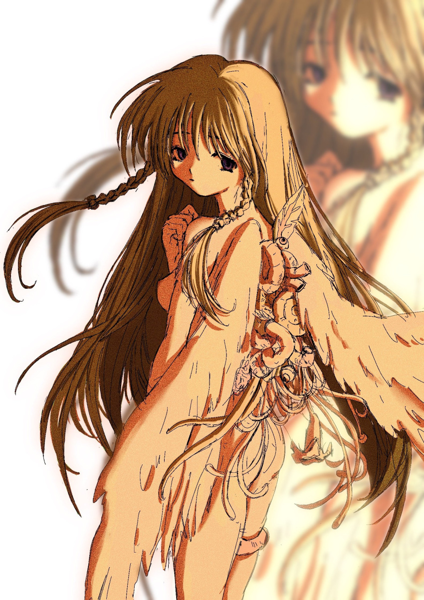 1girl angel_wings ass azzz66968140 body_horror braid breasts brown_hair completely_nude feathered_wings feet_out_of_frame flower highres leaf long_hair looking_at_viewer looking_back medium_breasts nude purple_eyes sayonara_wo_oshiete side_braids sketch solo sugamo_mutsuki tendril very_long_hair white_wings wings zoom_layer