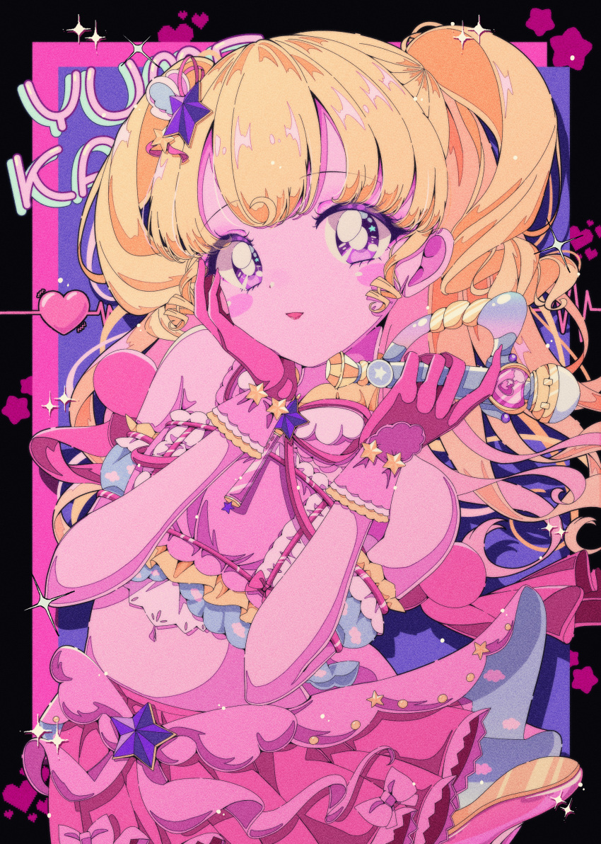 1girl absurdres bare_shoulders blonde_hair blush bright_pupils cowboy_shot cropped_shirt frilled_skirt frills gloves hair_ornament hand_on_own_cheek hand_on_own_face hands_up heart highres holding holding_microphone idol_clothes idol_time_pripara long_hair looking_at_viewer microphone midriff milon_cas pink_gloves pink_shirt pink_skirt pretty_series pripara purple_eyes red_lips retro_artstyle ringlets shirt skirt solo star_(symbol) star_hair_ornament two_side_up white_pupils yume_kawaii yumekawa_yui