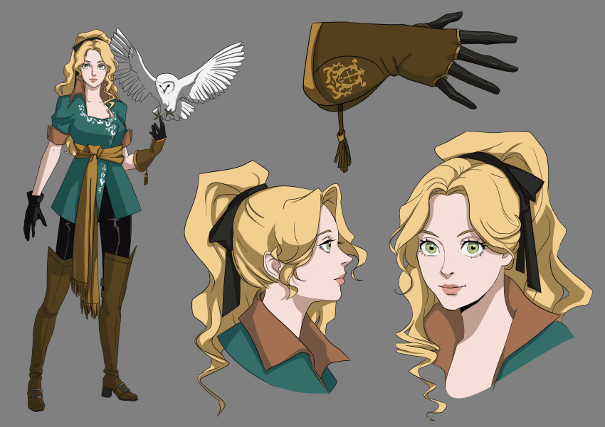 1girl absurdres bird blonde_hair boots bow breasts castlevania castlevania:_symphony_of_the_night esp-art eyelashes gloves green_eyes hair_bow hair_ribbon hairband highres lipstick long_hair looking_at_viewer makeup maria_renard owl reference_sheet ribbon smile solo thigh_boots