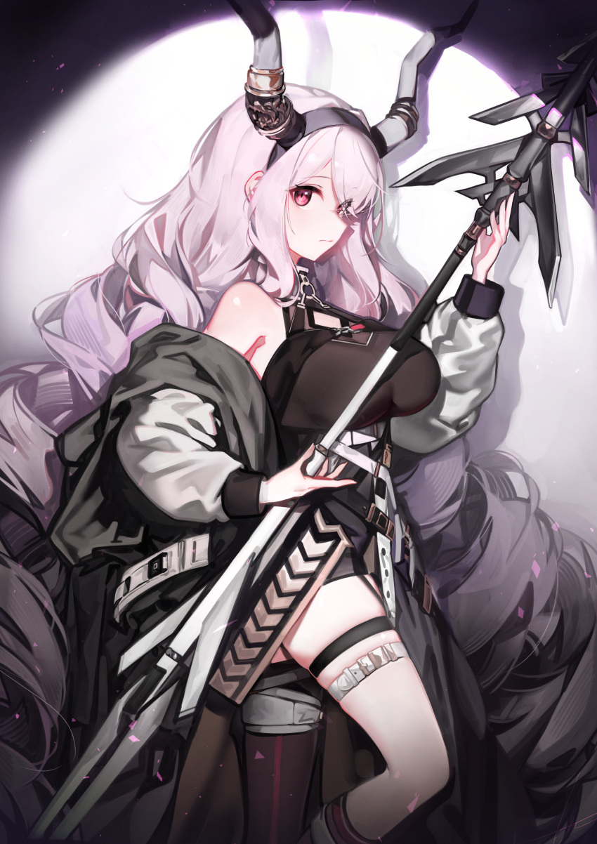 1girl absurdly_long_hair absurdres arknights bare_shoulders black_shirt black_thighhighs breasts cleavage_cutout clothing_cutout drill_hair feet_out_of_frame from_side hand_up highres holding holding_staff horns jacket large_breasts long_hair long_sleeves looking_at_viewer off_shoulder open_clothes open_jacket purple_eyes purple_hair ribiadan shirt sidelocks single_thighhigh sleeveless sleeveless_shirt solo spotlight staff thighhighs typhon_(arknights) very_long_hair white_jacket