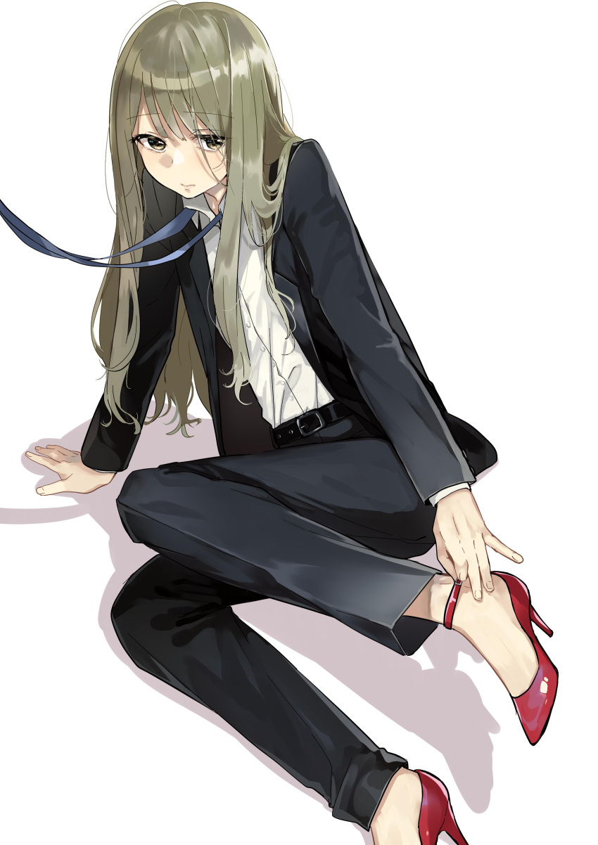 1boy absurdres androgynous business_suit collared_shirt formal full_body grey_eyes grey_hair high_heels highres id_card long_hair long_sleeves looking_at_viewer male_focus office_lady otoko_no_ko pomu red_footwear senpai_wa_otokonoko shirt shirt_tucked_in suit white_shirt