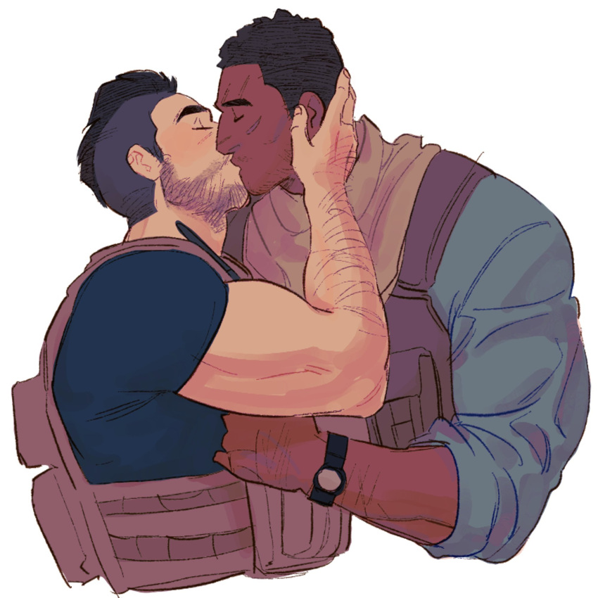 2boys arm_hair bara beard_stubble biceps black_hair blush bulletproof_vest call_of_duty call_of_duty:_modern_warfare_2 chrizz_(quozacchi) couple cropped_torso dark-skinned_male dark_skin from_side gaz_(call_of_duty_4) hand_on_another's_face highres interracial male_focus mature_male multiple_boys muscular muscular_male mustache_stubble short_hair soap_(modern_warfare_2) sparse_stubble thick_eyebrows undercut yaoi