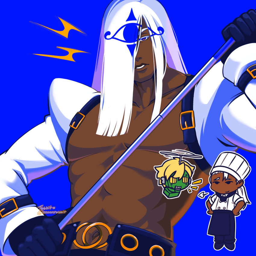 2boys abs absurdres black_gloves blonde_hair blue_background blue_eyes chef chef_hat dark-skinned_male dark_skin disembodied_head gloves guilty_gear guilty_gear_xrd hair_over_one_eye hat highres holding_cue_stick humanoid_robot key_in_head long_hair long_sleeves looking_at_viewer male_focus multiple_boys navel nnoonrabbit object_through_head parted_lips robo-ky robot short_hair simple_background toque_blanche upper_body venom_(guilty_gear) white_hair