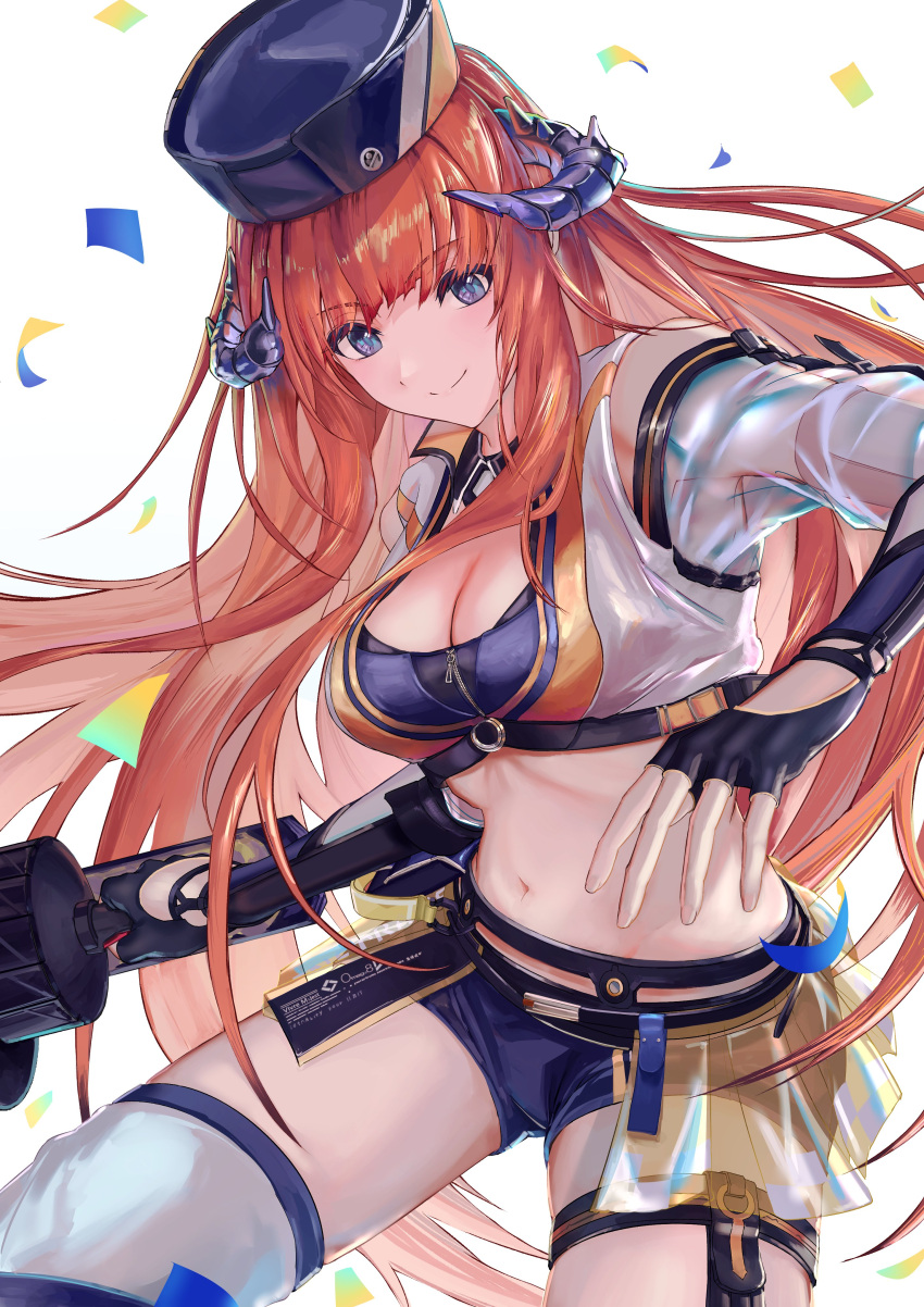 1girl absurdres arknights bagpipe_(arknights) bagpipe_(queen_no._1)_(arknights) black_gloves blue_shorts breasts cleavage closed_mouth clothing_cutout crop_top dragon_girl dragon_horns etobane fingerless_gloves gloves gunlance highres holding holding_polearm holding_weapon horns large_breasts long_hair looking_at_viewer micro_shorts midriff navel official_alternate_costume orange_hair polearm purple_eyes race_queen shorts shoulder_cutout showgirl_skirt smile solo thighhighs very_long_hair weapon