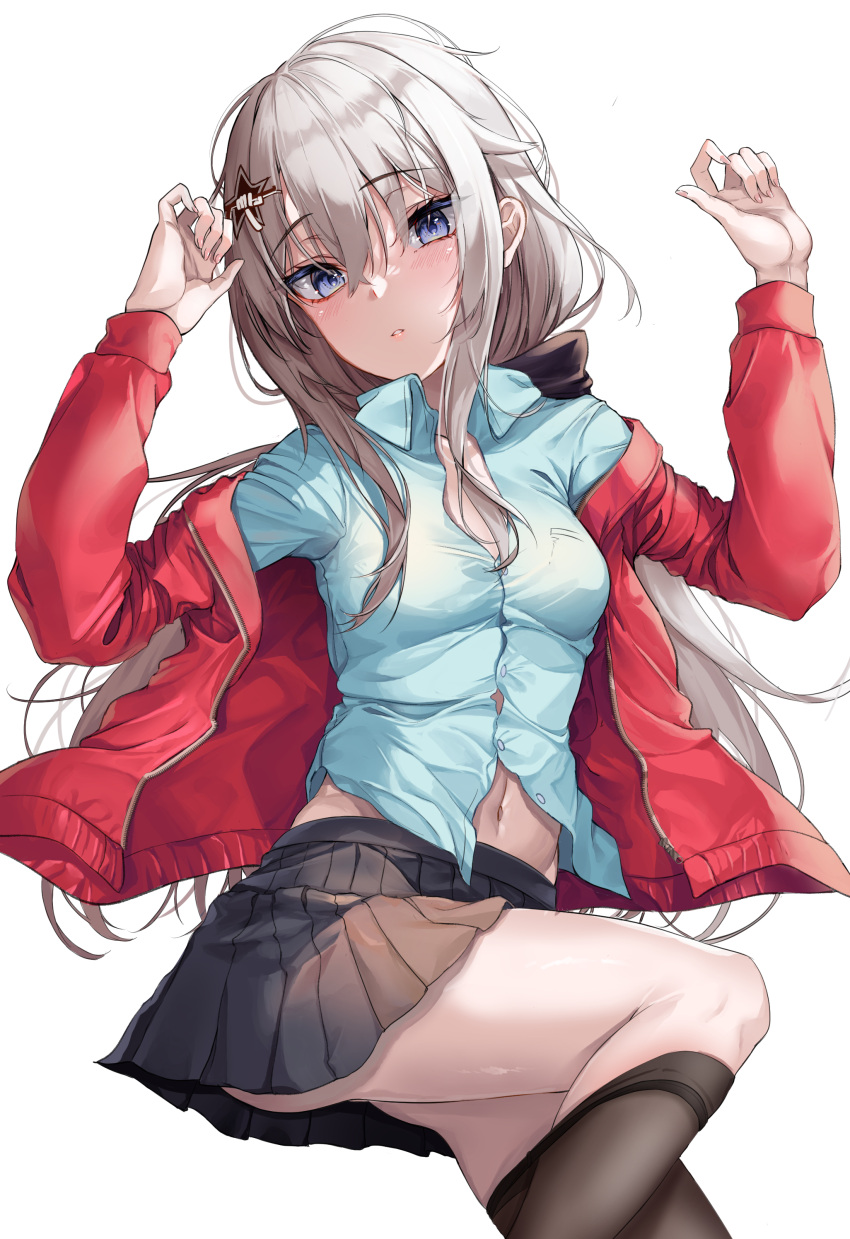 1girl 9a-91 9a-91_(girls'_frontline) absurdres arms_up black_skirt blue_eyes blue_shirt blush girls'_frontline hair_ornament highres jacket long_hair long_sleeves looking_at_viewer lying navel on_back open_clothes open_jacket open_mouth red_jacket shirt skirt so_myeolchi solo star_(symbol) star_hair_ornament white_hair