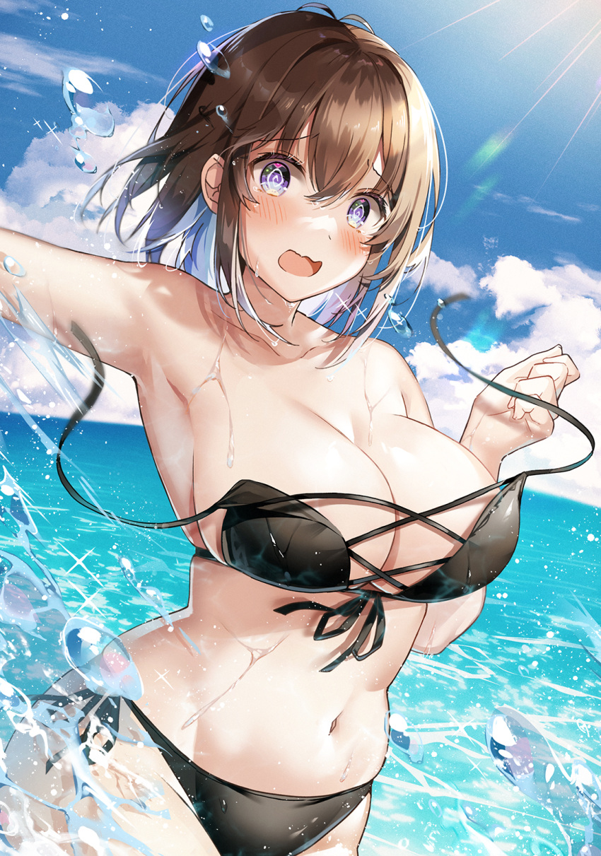 1girl :d @_@ bare_arms bare_shoulders bikini black_bikini blue_hair blush breasts brown_hair cleavage collarbone embarrassed front-tie_bikini_top front-tie_top hawawa-chan_(shiro_kuma_shake) highres large_breasts looking_at_viewer medium_hair navel ocean open_mouth original shiro_kuma_shake side-tie_bikini_bottom smile solo stomach sunlight swimsuit torn_clothes torn_swimsuit water wet