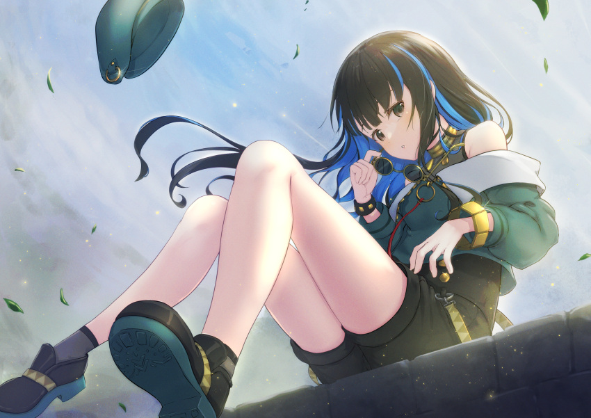 1girl bare_shoulders beret black_footwear black_hair black_shorts blue_hair blue_sky bracelet breasts buttons colored_inner_hair double-breasted eyeliner fate/grand_order fate_(series) green_headwear green_jacket grey_eyes hat highres jacket jewelry long_hair long_sleeves looking_at_viewer makeup multicolored_hair neck_ring o-ring off_shoulder okina_(805197) round_eyewear shoes shorts sidelocks sitting sky small_breasts sneakers solo sunglasses tenochtitlan_(fate) wavy_hair zipper
