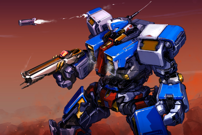 absurdres brown_sky gun highres holding holding_gun holding_weapon ksenolog mecha mecha_focus no_humans original outdoors robot rocket science_fiction weapon