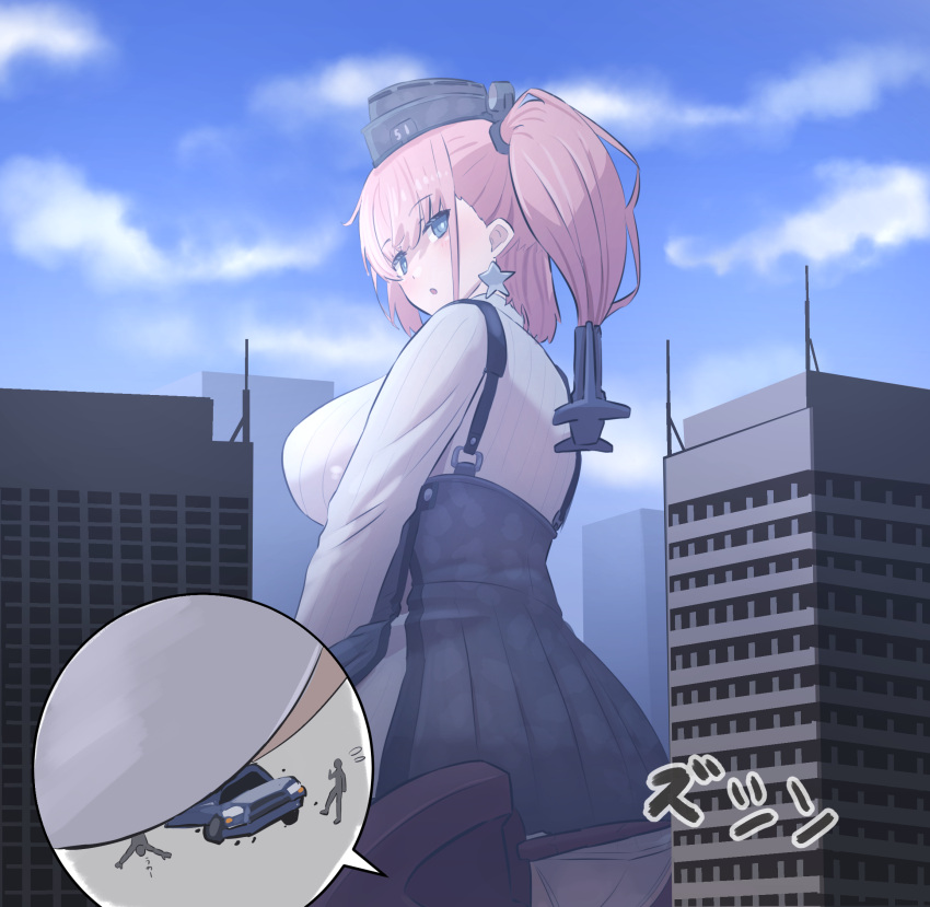 1girl 2boys anchor_hair_ornament atlanta_(kancolle) black_dress blue_eyes breasts brown_hair butt_crush car city commentary_request day dress earrings garrison_cap giant giantess hair_ornament hat highres jewelry kantai_collection large_breasts motor_vehicle multiple_boys outdoors shirt sigure-zzzz skirt sky solo_focus star_(symbol) star_earrings suspender_skirt suspenders two_side_up white_shirt
