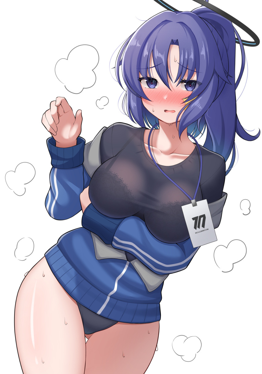 1girl ass_visible_through_thighs black_shirt blue_archive blush bra_visible_through_clothes buruma collarbone commentary_request facial_tattoo gym_shirt gym_uniform hair_between_eyes heavy_breathing highres id_card jacket lanyard long_hair long_sleeves looking_at_viewer nekojima official_alternate_costume open_clothes open_jacket parted_bangs ponytail purple_eyes purple_hair see-through shirt short_sleeves sidelocks simple_background solo star_tattoo sweat tattoo thick_thighs thighs track_jacket visible_air wet wet_clothes wet_shirt white_background yuuka_(blue_archive) yuuka_(gym_uniform)_(blue_archive) zipper