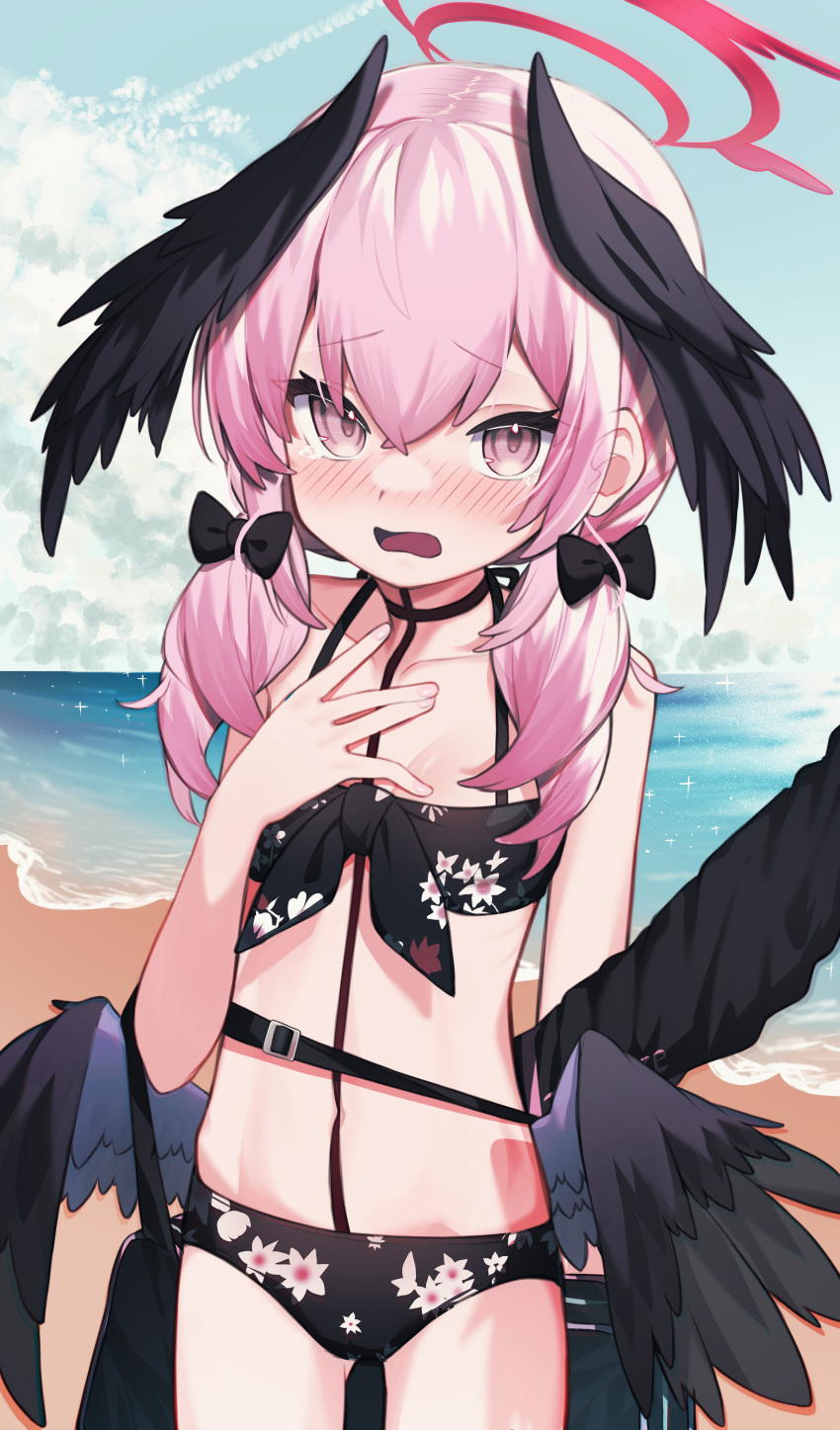 1girl absurdres bare_shoulders bikini black_bikini black_wings blue_archive blush breasts collarbone feathered_wings halo head_wings highres koharu_(blue_archive) koharu_(swimsuit)_(blue_archive) lazu0721 looking_at_viewer low_twintails navel open_mouth small_breasts solo swimsuit thighs twintails wings