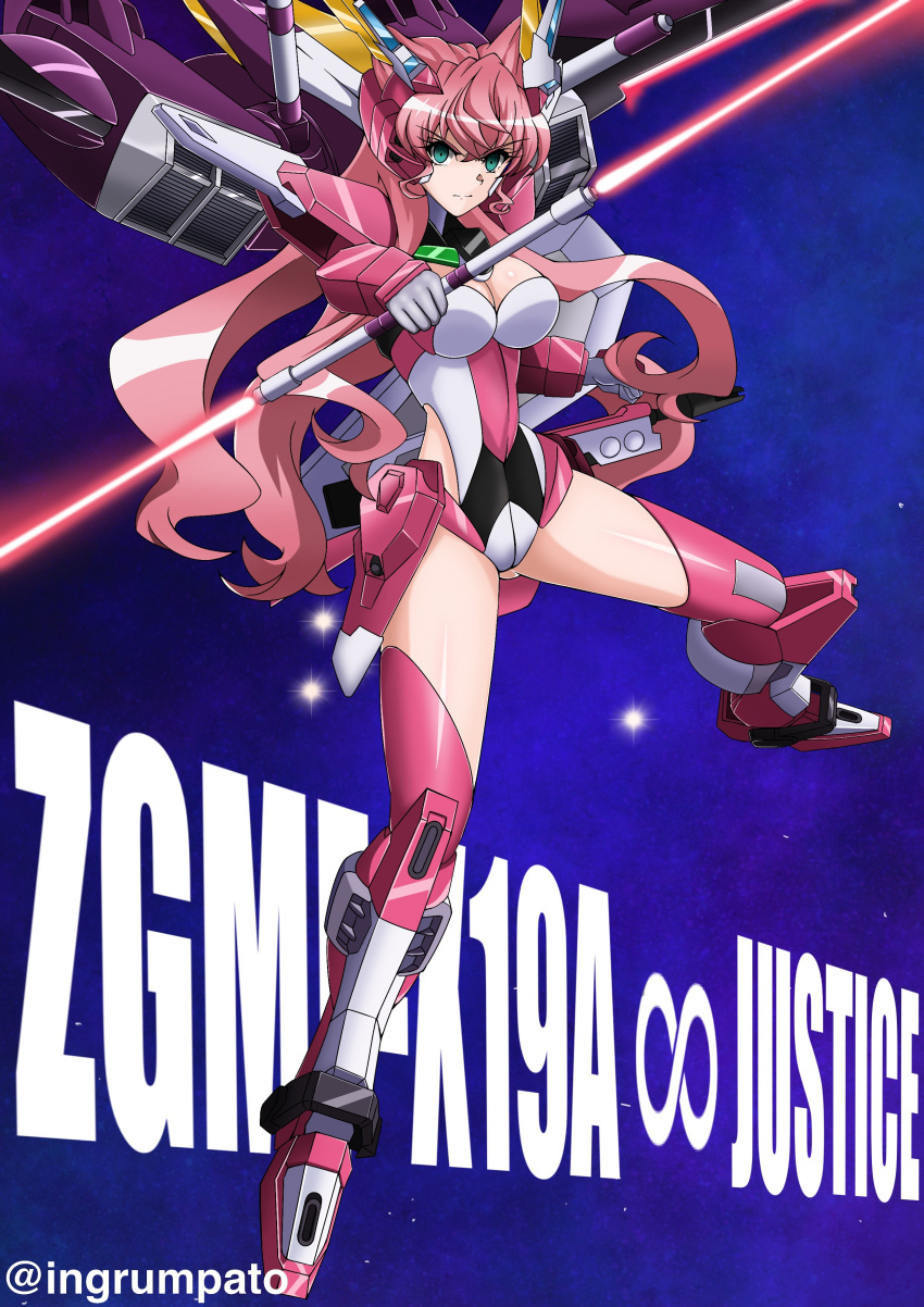 1girl absurdres armor beam_saber blue_eyes boots breasts character_name clenched_hand closed_mouth commentary_request cosplay crossed_bangs double-blade full_body gundam gundam_seed gundam_seed_destiny hair_between_eyes highres holding holding_sword holding_weapon infinite_justice_gundam infinite_justice_gundam_(cosplay) kyomeihibiki large_breasts long_hair looking_at_viewer maria_cadenzavna_eve mecha_musume metal_boots metal_gloves multicolored_leotard no_pupils pink_hair pink_thighhighs senki_zesshou_symphogear solo split_mouth sword thighhighs thighhighs_under_boots twitter_username v-shaped_eyebrows very_long_hair weapon