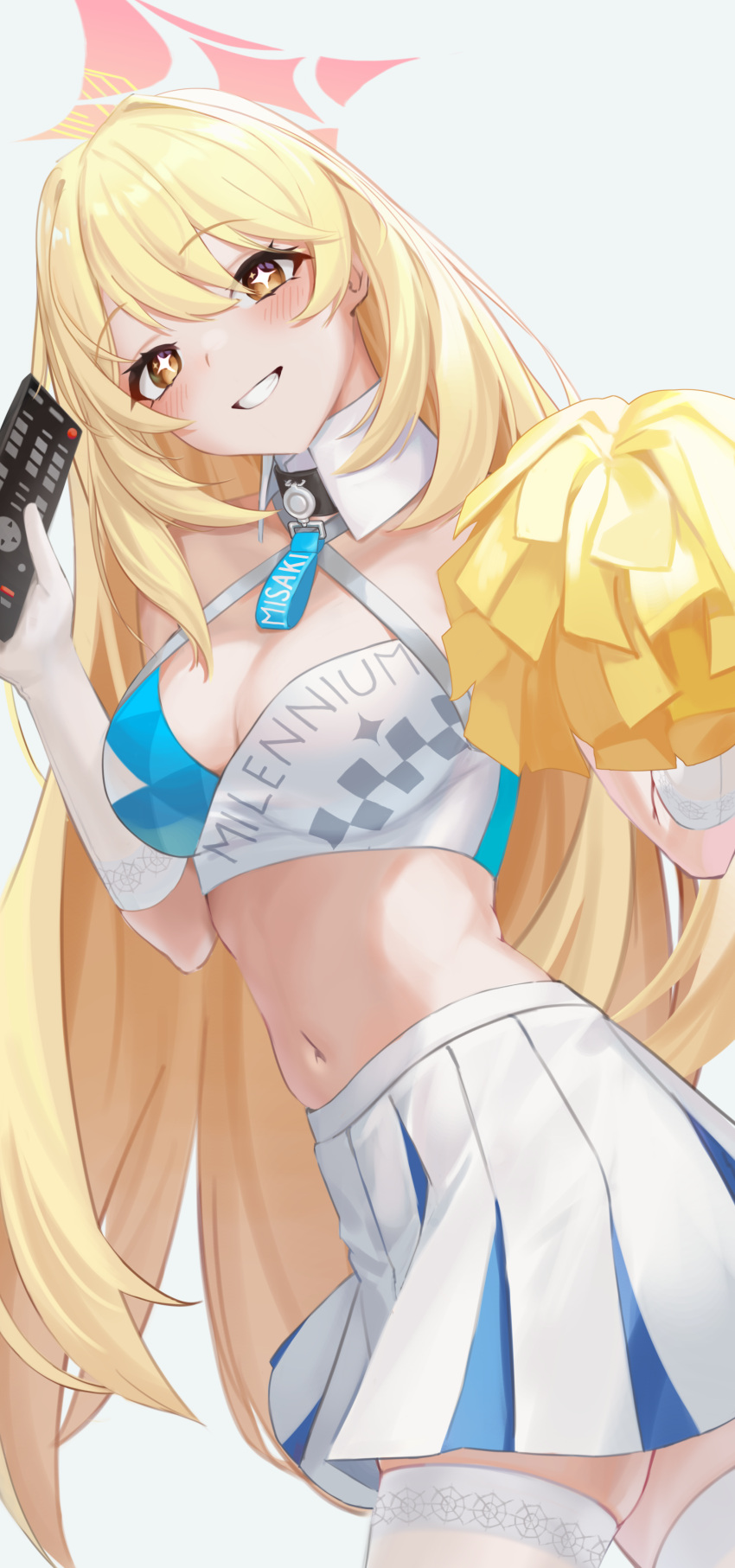 1girl absurdres blonde_hair blue_archive blush breasts cheerleader cleavage cowboy_shot detached_collar halo halterneck highres holding holding_pom_poms large_breasts long_hair millennium_cheerleader_outfit_(blue_archive) navel open_mouth pink_halo pleated_skirt pom_pom_(cheerleading) shokuhou_misaki simple_background skirt smallpine_7 smile solo thigh_strap toaru_kagaku_no_railgun toaru_majutsu_no_index white_background white_skirt yellow_eyes