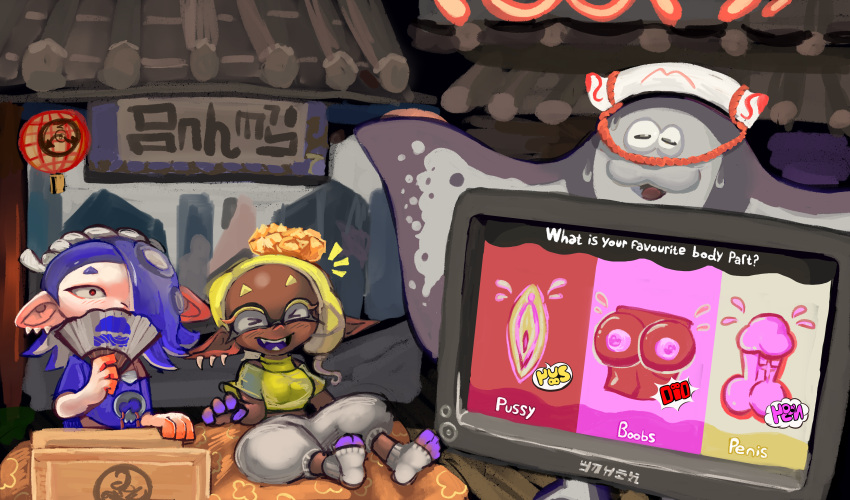 absurd_res animal_humanoid anthro batoid big_man_(splatoon) blush bodily_fluids breasts cephalopod cephalopod_humanoid city city_background clothed clothing detailed_background digital_media_(artwork) ear_piercing ear_ring english_text fangs feet female fish frye_(splatoon) genitals grey_body group hair hand_fan hi_res holding_object humanoid inkling lamp lantern laugh male manta_ray marine marine_humanoid mollusk mollusk_humanoid neon_lights nintendo octarian octoling open_mouth painting_(artwork) penis pester piercing pseudo_hair pussy ring_piercing shiver_(splatoon) silly sitting speckled_body splatfest splatoon splatoon_3 stingray sweat teeth tentacle_hair tentacles text topwear traditional_media_(artwork) video_games wood