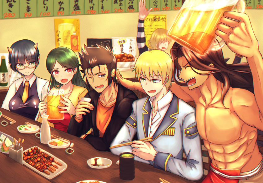 3boys 3girls abs alcohol anego_(lv1_maou_to_one_room_yuusha) arm_up beer black_hair blonde_hair breasts brown_hair chopsticks closed_eyes cup drinking eating fred_(lv1_maou_to_one_room_yuusha) glasses green_eyes green_hair grey_eyes hazakura_(gray8696) highres horns indoors izakaya leo_(lv1_maou_to_one_room_yuusha) loincloth long_hair lv1_maou_to_one_room_yuusha maou_(lv1_maou_to_one_room_yuusha) max_(lv1_maou_to_one_room_yuusha) medium_breasts multiple_boys multiple_girls necktie one_eye_closed open_mouth pectorals red_eyes short_hair sideburns sitting skewer topless_male uniform yellow_necktie yunomi zenia_(lv1_maou_to_one_room_yuusha)