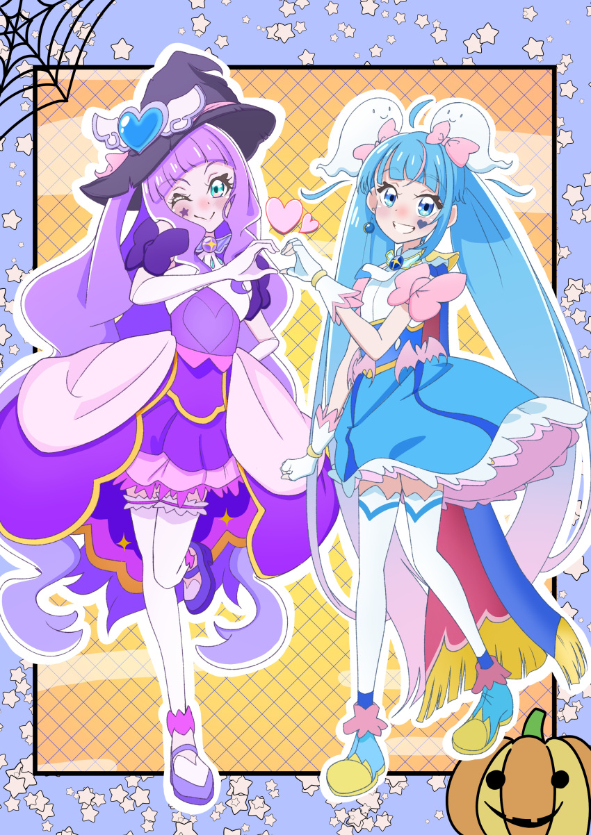 2girls ;) absurdres adapted_costume ahoge akizora_(aki_precure) ankle_boots aqua_eyes black_border black_headwear blue_cape blue_dress blue_footwear boots border bow bowtie brooch cape closed_mouth commentary cure_majesty cure_sky cut_bangs dress earrings elbow_gloves ellee-chan facial_mark fingerless_gloves frilled_dress frills fringe_trim ghost_hair_ornament gloves gradient_hair grin hair_ornament half-dress halloween halloween_costume hand_on_own_hip hat heart heart_hair_ornament highres hirogaru_sky!_precure jack-o'-lantern jewelry leg_up long_hair looking_at_viewer magical_girl medium_dress miniskirt multicolored_hair multiple_girls one_eye_closed outside_border pink_bow pink_bowtie pink_hair precure purple_dress purple_footwear purple_hair purple_skirt red_cape shoes short_dress silk single_earring skirt sleeveless sleeveless_dress smile sora_harewataru spider_web standing standing_on_one_leg star_(symbol) streaked_hair thighhighs twintails two-sided_cape two-sided_fabric very_long_hair white_gloves white_thighhighs wing_brooch witch_hat