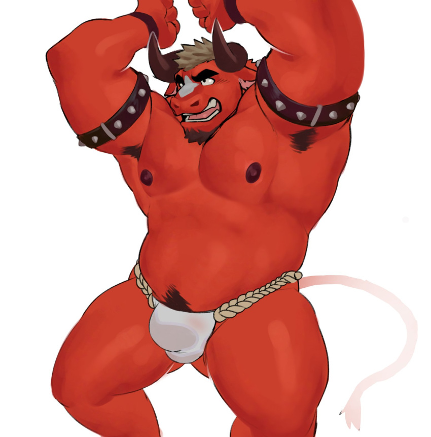 2023 annoyed anthro armband armpit_hair asian_clothing big_muscles body_hair bovid bovine cattle clothing colored darius_(kemo_coliseum) east_asian_clothing fundoshi fur hair happy_trail hi_res horn japanese_clothing kemo_coliseum male mammal monotone_body monotone_fur muscular muscular_anthro muscular_male nipples pecs portrait raised_arm red_body red_fur red_nipples simple_background solo spiked_armband spikes teeth three-quarter_portrait toro_artz underwear white_background white_clothing white_fundoshi white_underwear