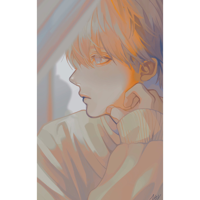 1boy bishounen blonde_hair blue_eyes closed_mouth cognacbear expressionless hand_on_own_chin highres long_sleeves looking_to_the_side male_focus mirror original portrait reflection_focus solo sweater white_sweater