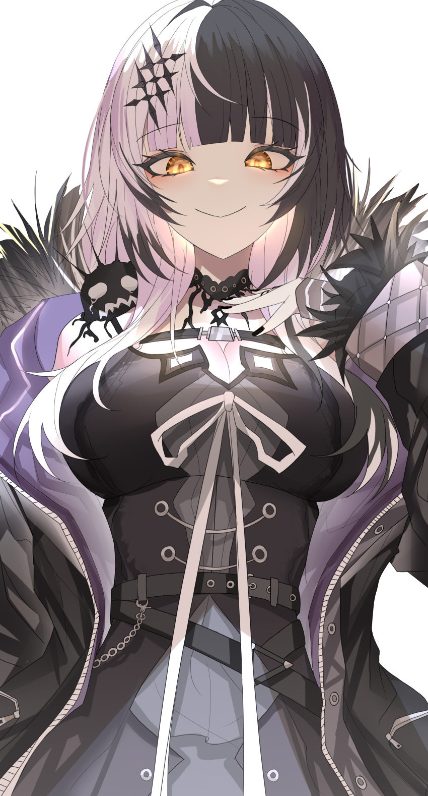 1girl absurdres bare_shoulders belt black_belt black_coat black_dress black_hair black_nails blunt_bangs breasts chest_belt choker coat dress fur-trimmed_coat fur_trim grey_hair grey_skirt highres hololive hololive_english lace lace_choker large_breasts long_hair looking_at_viewer multicolored_hair off_shoulder purple_coat ribbon shiori_novella simple_background skirt smile solo split-color_hair two-tone_hair virtual_youtuber weyas_kayur white_background white_hair white_ribbon yellow_eyes yorick_(shiori_novella)