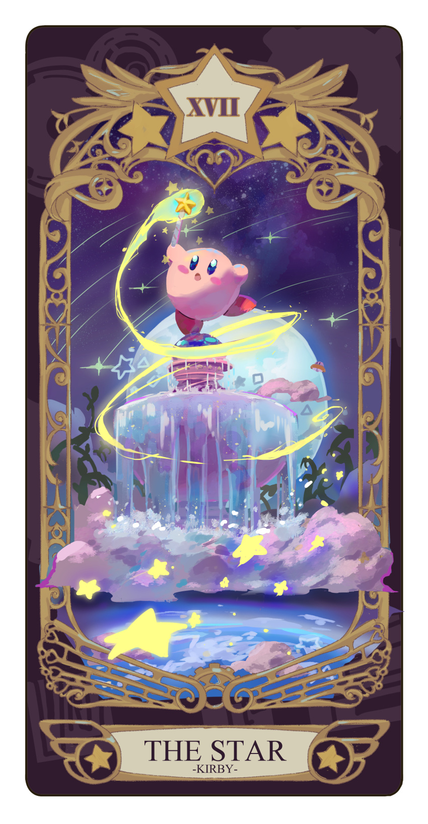 :o absurdres blue_eyes blush_stickers border card_(medium) colored_skin commentary english_commentary fog fountain fountain_of_dreams full_moon highres holding holding_wand jiao_(assppp655) kirby kirby_(series) leg_up meteor_shower moon night night_sky no_humans open_mouth pink_skin red_footwear shoes sky solo star_(sky) star_(symbol) star_rod tarot the_star_(tarot) wand white_border