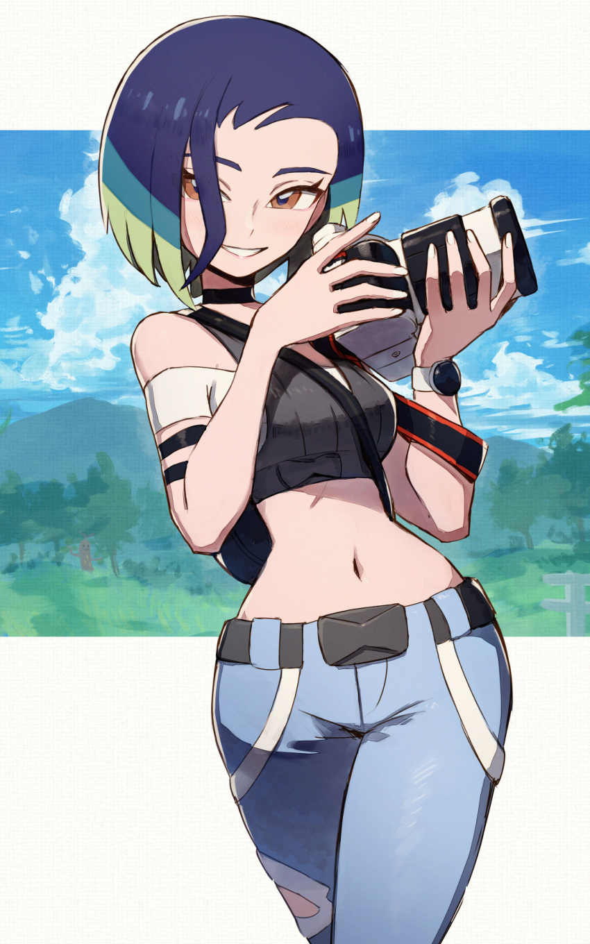 1girl bare_shoulders black_choker blue_hair blue_sky bob_cut breasts brown_eyes camera choker cloud cloudy_sky collarbone commentary_request crop_top day fence green_hair highres holding kuroi_susumu looking_at_viewer loose_hair_strand medium_breasts midriff mountain multicolored_hair navel off-shoulder_shirt off_shoulder perrin_(pokemon) pokemon pokemon_(game) pokemon_sv shirt short_hair short_sleeves sky smile solo sudowoodo tree