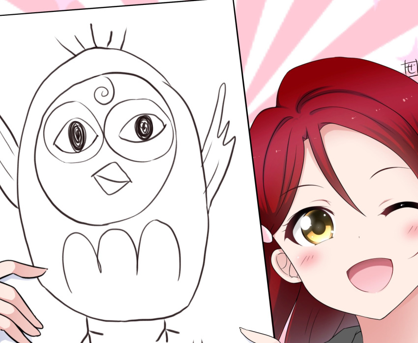 1girl aida_rikako birthday blush commentary highres holding_drawing looking_at_viewer love_live! love_live!_sunshine!! real_life red_hair sakurauchi_riko smile solo upper_body voice_actor_connection yellow_eyes zero-theme