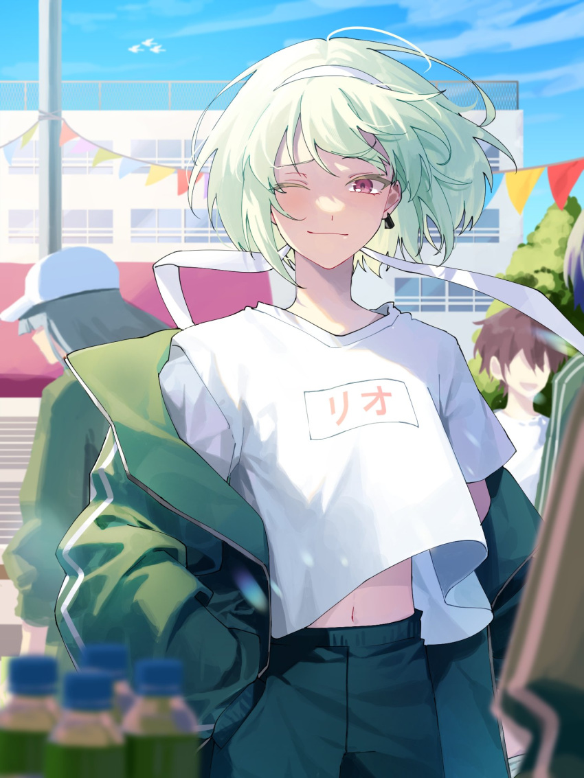 1boy blonde_hair clothes_lift clothes_writing commentary_request earrings floating_hair green_jacket green_pants green_track_suit headband highres jacket jewelry korean_commentary light_blush lio_fotia male_focus one_eye_closed open_clothes open_jacket otoko_no_ko outdoors pants pink_eyes prmattotia promare shirt shirt_lift short_hair single_earring smile solo_focus track_suit triangle_earrings white_headband white_shirt wind wind_lift