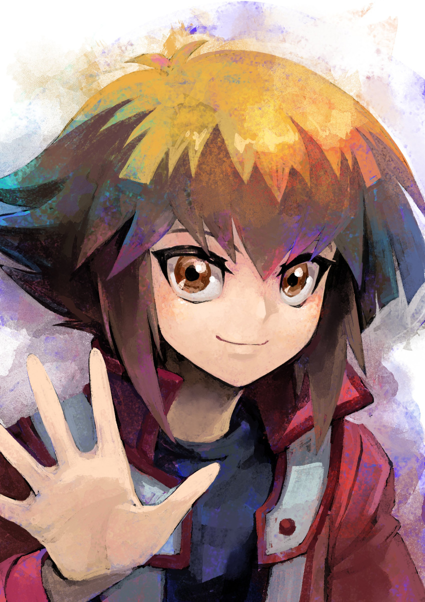 1boy absurdres black_shirt brown_eyes brown_hair hand_up highres jacket looking_at_viewer male_focus open_clothes open_jacket paper_texture red_jacket shirt short_hair sidelocks smile solo upper_body waving youko-shima yu-gi-oh! yu-gi-oh!_gx yuuki_juudai