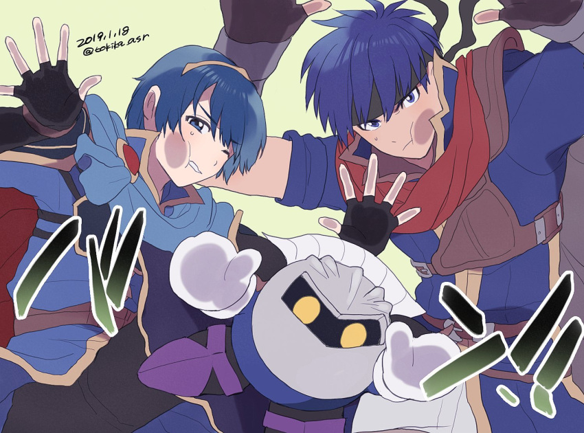 3boys against_fourth_wall armor black_gloves black_headband blue_eyes blue_hair brown_gloves cape closed_mouth crossover dated fingerless_gloves fire_emblem fire_emblem:_mystery_of_the_emblem fire_emblem:_path_of_radiance gloves green_background headband ike_(fire_emblem) kirby_(series) looking_at_viewer male_focus marth_(fire_emblem) meta_knight multiple_boys one_eye_closed oshi_taberu simple_background super_smash_bros. sweat twitter_username