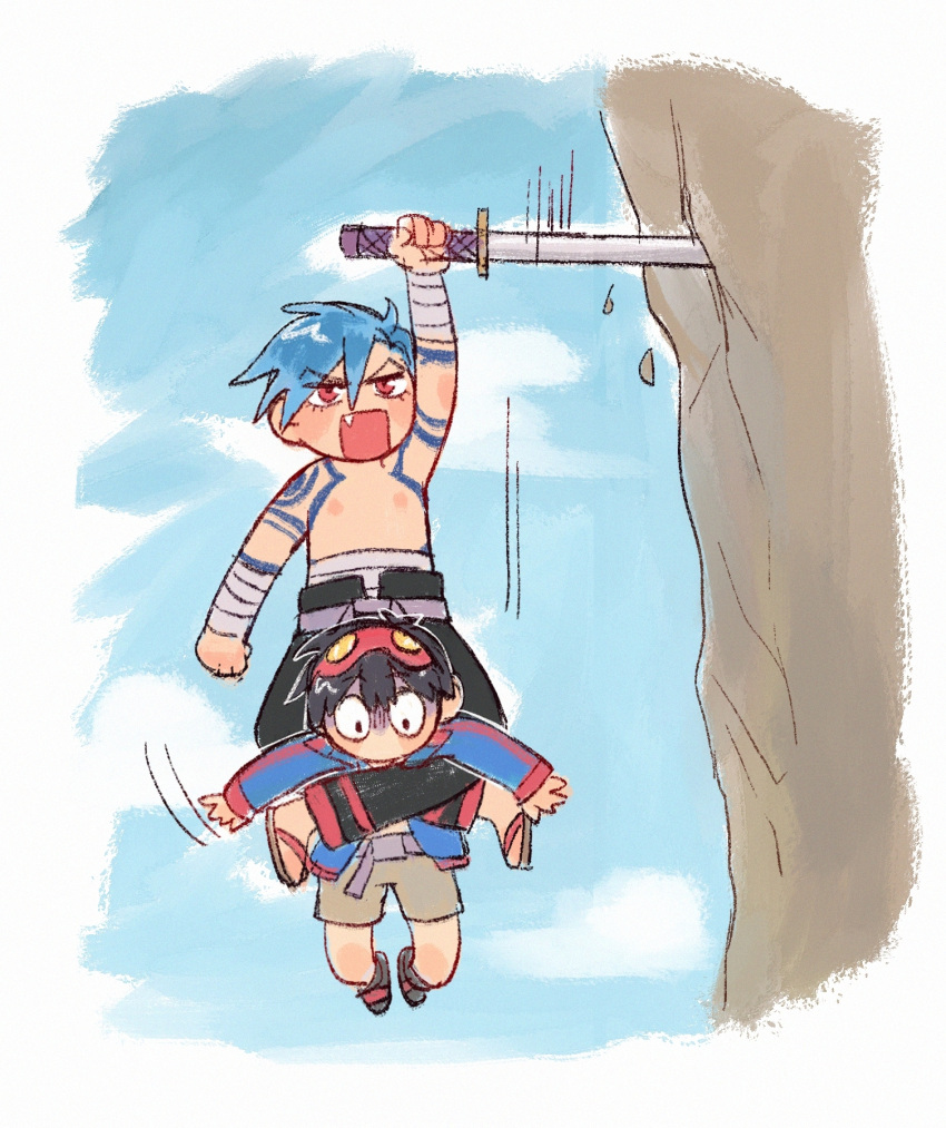 2608337875 2boys black_eyes black_hair blue_hair chibi cliff falling fang goggles goggles_on_head highres holding holding_sword holding_weapon katana leg_lock midriff_sarashi multiple_boys red_eyes sarashi shorts sword tengen_toppa_gurren_lagann topless_male weapon