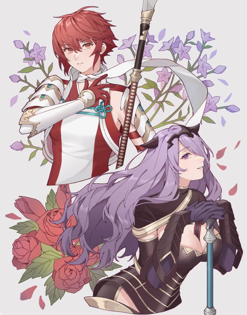 2girls ai_tkkm armor axe between_breasts black_armor black_gloves breasts camilla_(fire_emblem) cleavage closed_mouth commentary_request cropped_torso fake_horns fire_emblem fire_emblem_fates flower gauntlets gloves grey_background grin hair_between_eyes hair_ornament hair_over_one_eye highres hinoka_(fire_emblem) holding holding_axe holding_polearm holding_weapon horns interlocked_fingers japanese_armor japanese_clothes large_breasts leaf long_hair looking_at_viewer multiple_girls naginata one_eye_covered own_hands_together petals polearm purple_eyes purple_flower purple_hair red_eyes red_flower red_hair red_rose rose scarf short_hair simple_background smile spear wavy_hair weapon white_scarf