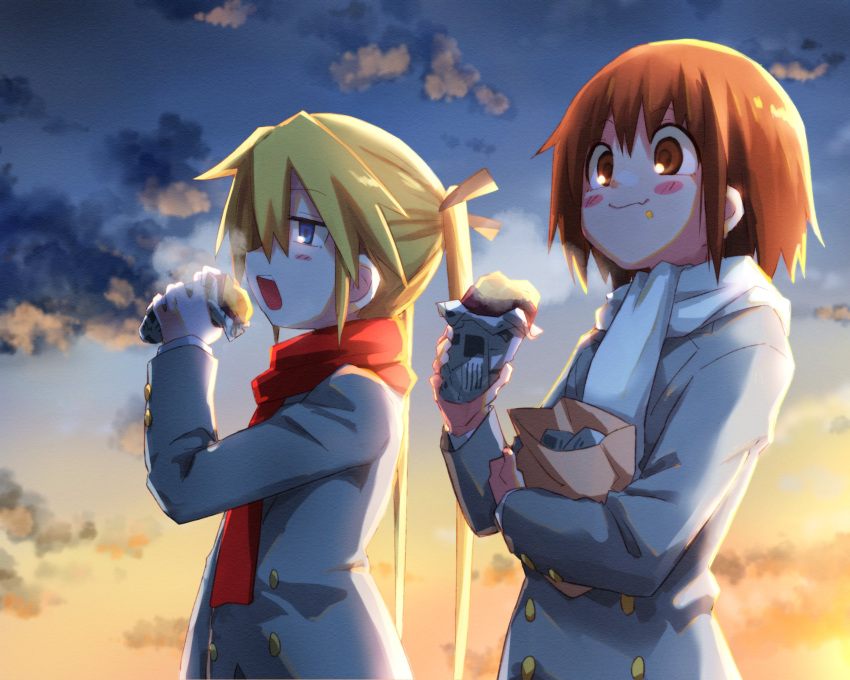 2girls black_ribbon blonde_hair blush_stickers brown_eyes brown_hair closed_mouth cloud eating fang food food_on_face grey_jacket hair_ribbon highres holding jacket kill_me_baby long_hair long_sleeves multiple_girls open_mouth oribe_yasuna outdoors red_scarf ribbon roasted_sweet_potato scarf short_hair skin_fang sky sonya_(kill_me_baby) steam sweet_potato twintails white_scarf yachima_tana