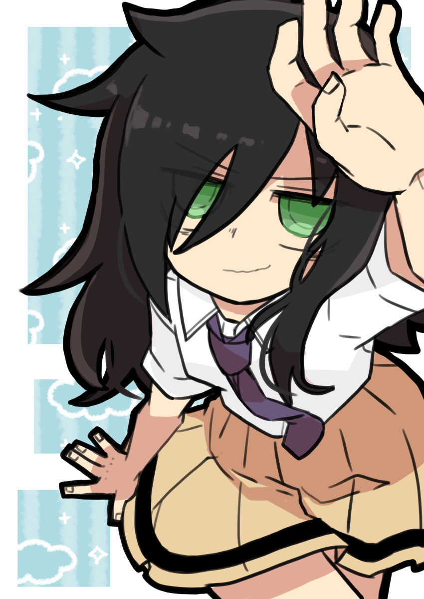 1girl absurdres arm_up bags_under_eyes black_hair black_outline closed_mouth collared_shirt cowboy_shot from_above green_eyes green_pupils hair_between_eyes hair_over_one_eye hand_on_floor highres kita_senju kuroki_tomoko long_hair looking_at_viewer necktie no_sclera outline pleated_skirt purple_necktie reaching school_uniform shirt single_stripe sitting skirt smile solo striped striped_skirt watashi_ga_motenai_no_wa_dou_kangaetemo_omaera_ga_warui! wavy_mouth white_background white_shirt yellow_skirt