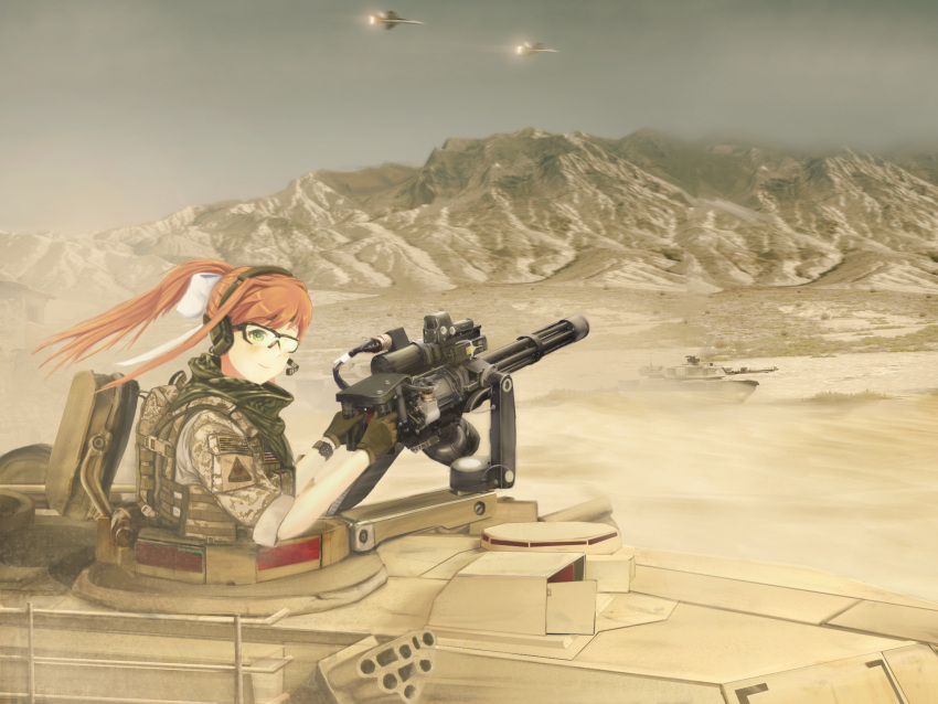 1girl aircraft airplane american_flag ammunition_pouch blush bow brown_hair desert doki_doki_literature_club ear_protection eotech f-18_hornet fatigues fighter_jet gatling_gun glasses gloves green_eyes green_scarf hair_ribbon highres hydration_carrier jet light_smile looking_at_viewer m134_minigun m1_abrams main_battle_tank microphone military_vehicle monika_(doki_doki_literature_club) motor_vehicle mountainous_horizon open_hatch plate_carrier ponytail pouch ribbon scarf sleeves_rolled_up smile smoke_grenade_launcher soldier solo tank watch white_bow white_ribbon wristwatch