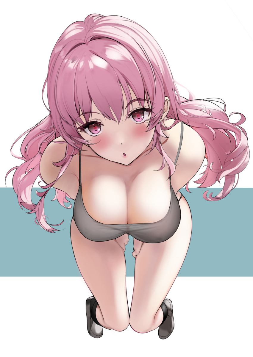 1girl bare_shoulders blush breasts camisole cleavage collarbone grey_camisole hareno_chiame highres large_breasts leaning_forward long_hair looking_at_viewer open_mouth original pink_eyes pink_hair solo thighs