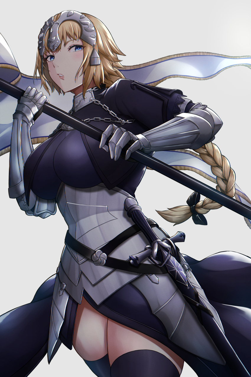 1girl absurdres armor armored_dress black_thighhighs blonde_hair blue_eyes braid breasts chain fate/apocrypha fate/grand_order fate_(series) flag flagpole french_braid gauntlets headpiece highres holding holding_flag jeanne_d'arc_(fate) large_breasts looking_at_viewer parted_lips sheath sheathed single_braid solo souma_(so_u_maaaaa) sword thick_thighs thighhighs thighs weapon zettai_ryouiki