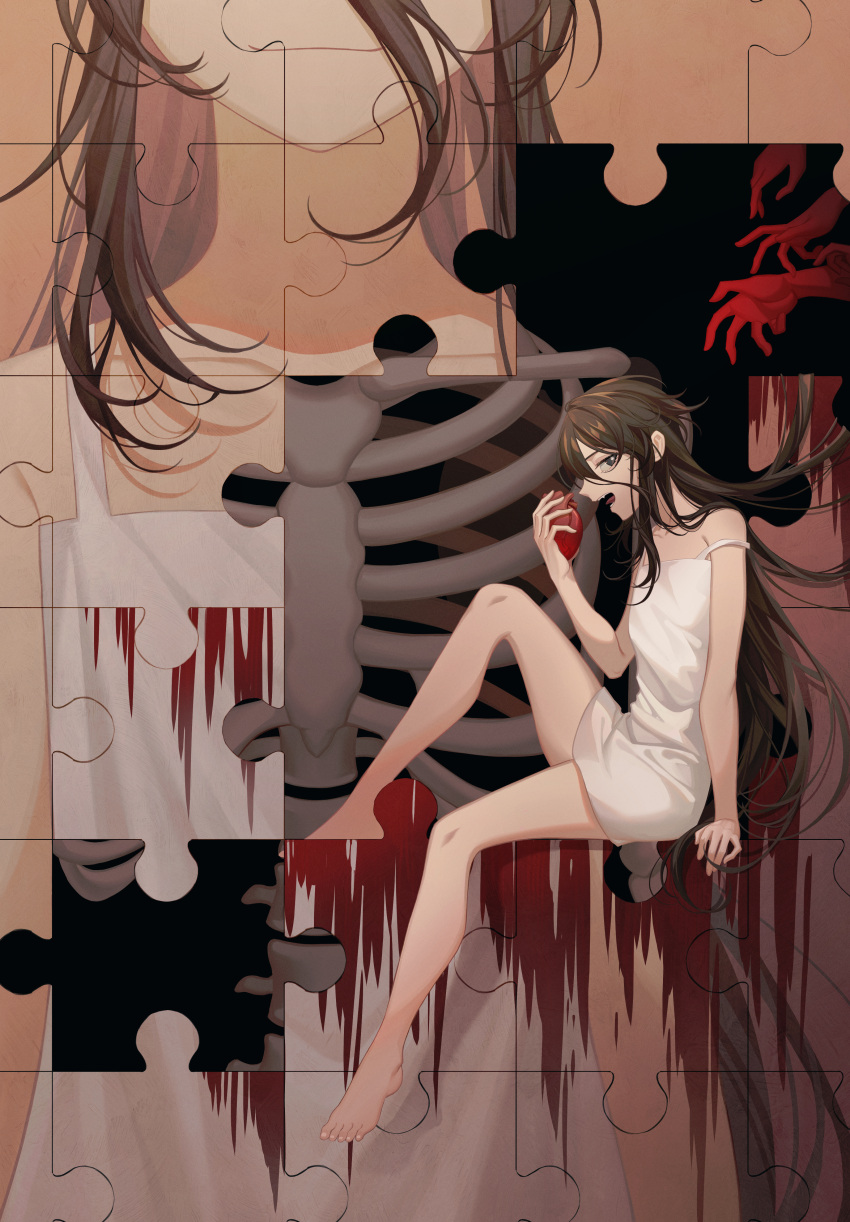 1girl absurdres bare_legs barefoot black_eyes black_hair blood blood_on_hands closed_mouth commentary disembodied_limb dress erchongbaojun fang from_side hair_between_eyes hand_up heart highres holding holding_heart light_smile long_hair looking_at_viewer looking_to_the_side open_mouth original projected_inset puzzle puzzle_piece ribs sitting skeleton sleeveless sleeveless_dress spaghetti_strap spine strap_slip symbol-only_commentary teeth tongue very_long_hair white_dress