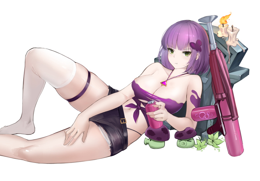 1girl :t absurdres bare_shoulders black_shorts breasts candle closed_mouth collarbone error fire foot_out_of_frame fume-shroom green_eyes hand_on_own_thigh highleg highleg_panties highres holding humanization jewelry large_breasts leaning_on_object looking_at_viewer meme midriff mushroom navel necklace no_shoes original panties plants_vs_zombies purple_hair purple_tube_top short_hair shorts sidelocks simple_background single_thighhigh skindentation solo strapless string_panties thigh_strap thighhighs tombstone tube_top underwear weapon white_background white_thighhighs zhuang_buchun