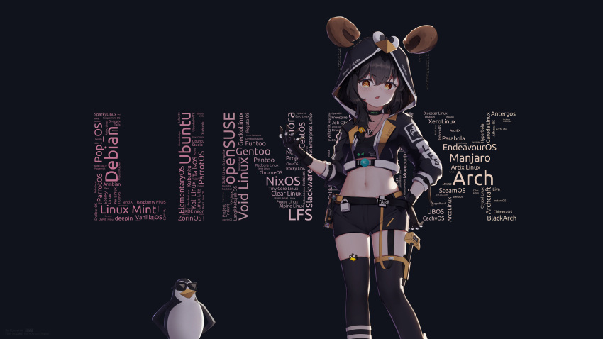 1girl absurdres animal bird black_gloves black_hair black_jacket black_thighhighs chain choker commission cropped_jacket gloves highres hood hood_up hooded_jacket jacket jewelry krita_(medium) linux looking_at_viewer navel necklace os-tan penguin pixiv_commission raviolimavioli solo sunglasses thighhighs tux yellow_eyes
