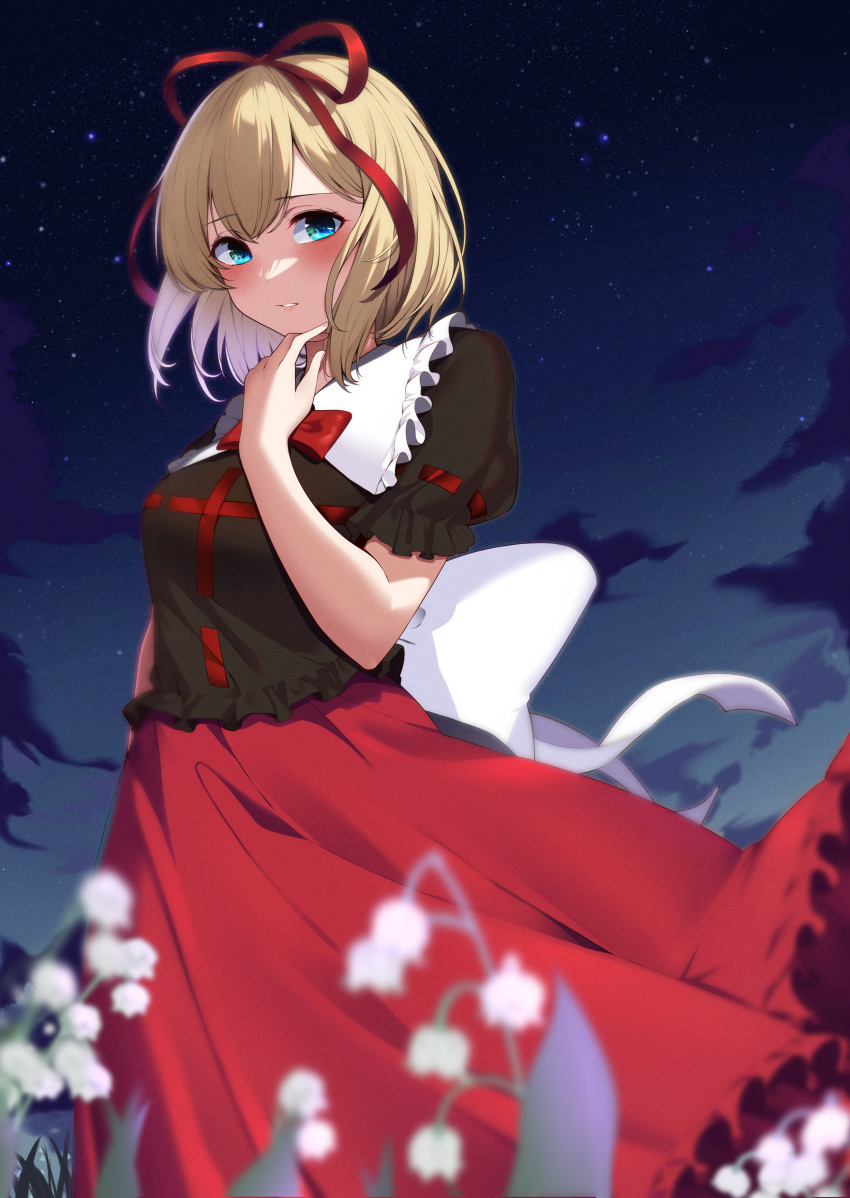 absurdres blonde_hair blue_eyes blurry blurry_background blush breasts cloud depth_of_field flower hair_ribbon highres keenii_(kenny86) medicine_melancholy medium_breasts night night_sky outdoors parted_lips red_ribbon red_skirt ribbon skirt sky star_(sky) teeth touhou white_flower