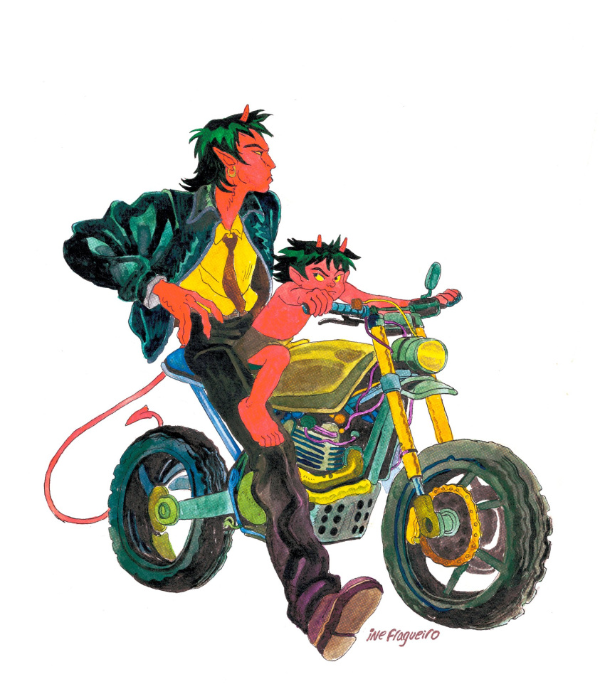 2boys arm_up artist_name barefoot black_hair black_jacket black_necktie brothers colored_sclera colored_skin demon_boy demon_tail earrings highres inefragueiro jacket jewelry male_child medium_hair motor_vehicle motorcycle multiple_boys necktie original painting_(medium) pointy_ears red_skin riding shirt short_hair shorts siblings tail topless_male traditional_media watercolor_(medium) white_background yellow_sclera yellow_shirt