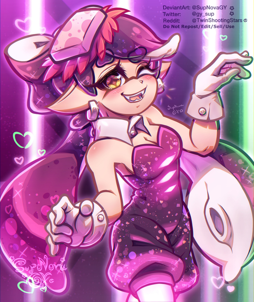 +_+ 1girl absurdres black_jumpsuit callie_(splatoon) fangs food food_on_head gloves highres inkling inkling_girl jumpsuit mole mole_under_eye object_on_head rosie_(supnovagy) short_jumpsuit signature smile splatoon_(series) squid tentacle_hair unitard watermark white_gloves