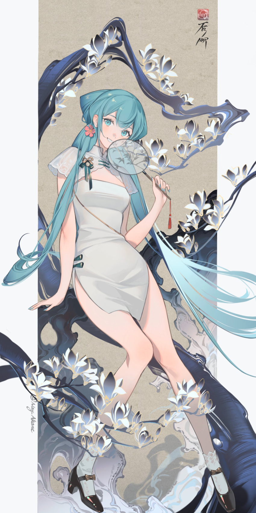 1girl absurdres alternate_costume alternate_hairstyle aqua_eyes aqua_hair artist_request blush branch breasts china_dress chinese_clothes clothing_cutout dress flower green_eyes green_hair hair_flower hair_ornament hand_fan hatsune_miku highres holding holding_fan long_hair looking_at_viewer low_twintails medium_breasts nail_polish official_alternate_costume official_alternate_hairstyle pelvic_curtain ribbon shaohua_hatsune_miku short_socks shrug_(clothing) side_slit smile socks solo transparent_fan tuanshan twintails very_long_hair vocaloid white_dress