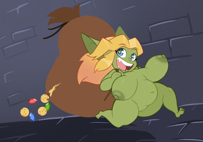 areola big_breasts blen_bodega breasts female genitals goblin green_body green_skin hi_res humanoid navel nipples not_furry pussy short_stack solo syllia_(huffslove) thick_thighs