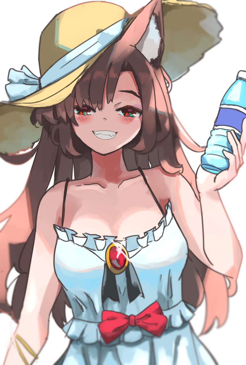 1girl alternate_costume animal_ears bottle brown_eyes brown_hair brown_headwear commentary english_commentary hat highres holding holding_bottle imaizumi_kagerou long_hair looking_at_viewer plastic_bottle simple_background smile solo straw_hat touhou upper_body vanilla_flan white_background wolf_ears wolf_girl